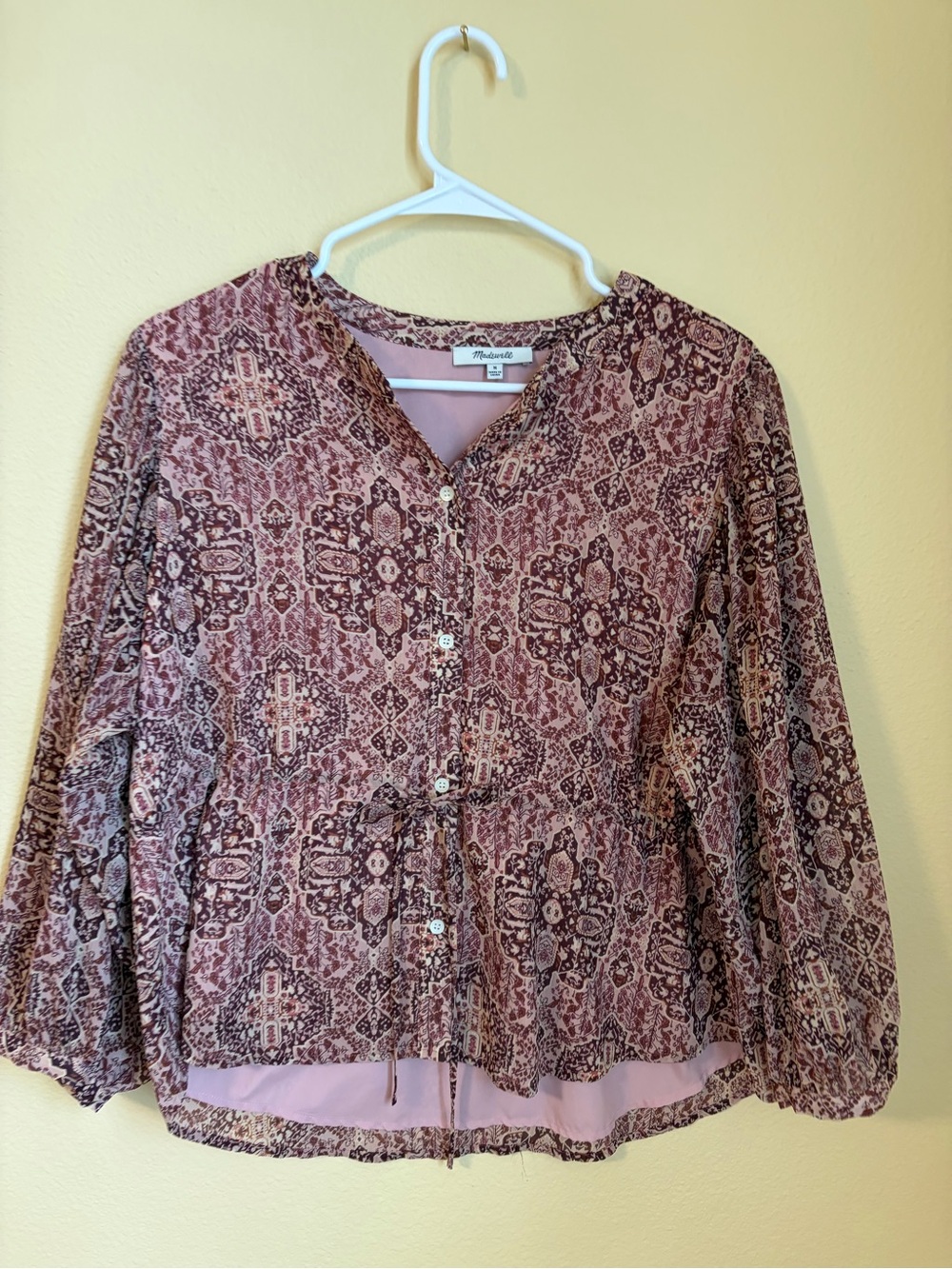 Madewell Dusty Rose Printed Button-Front Peplum Blouse